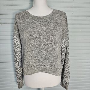 NY Collection Gray Pullover Top With Leopard Print Long Sleeves Women's Size XL